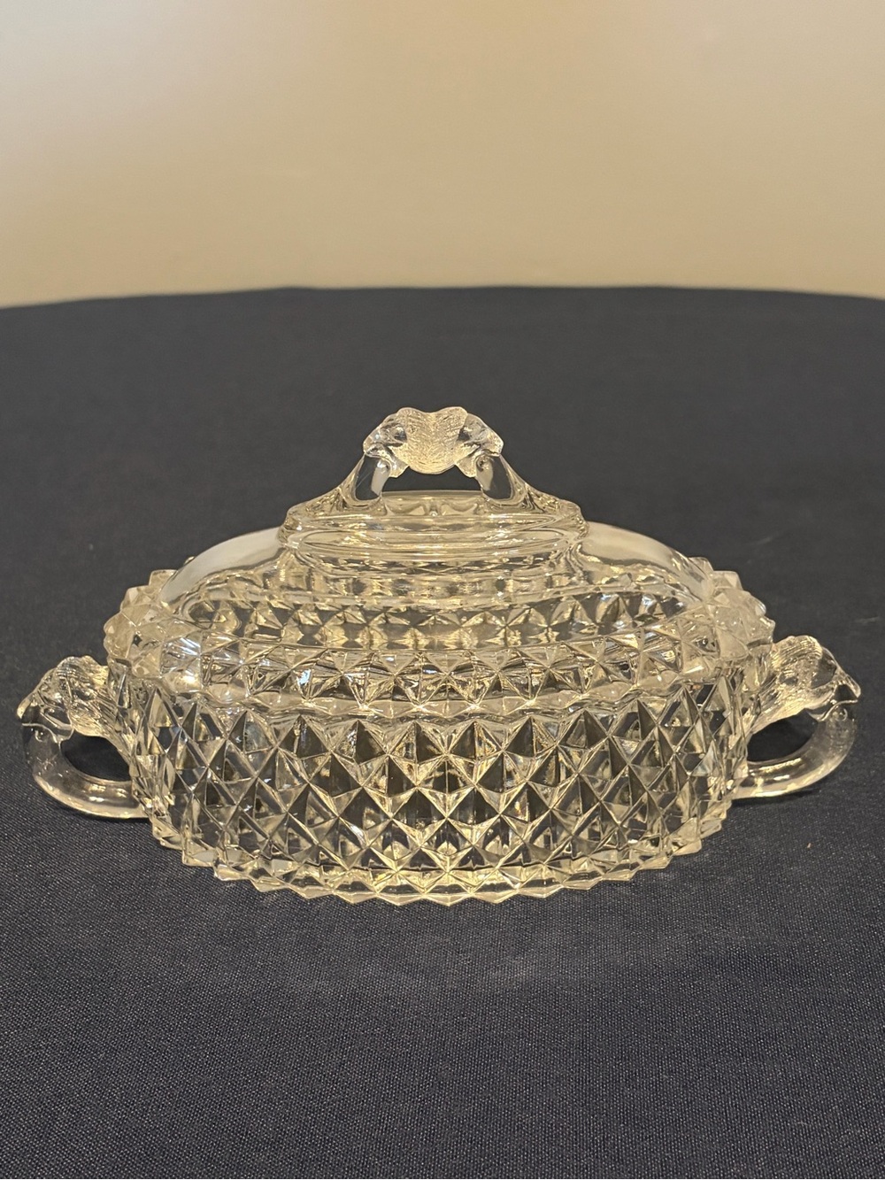 ANTIQUE EAPG 1890'S BRYCE BROS AMAZON OVAL LION HANDLE DIAMOND SHAPE GLASS BOWL